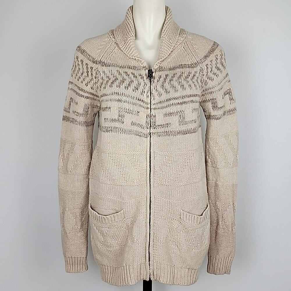 TNA Women's Sea to Sky Lambswool Sweater Cowichan Zip Cardigan Beige Small